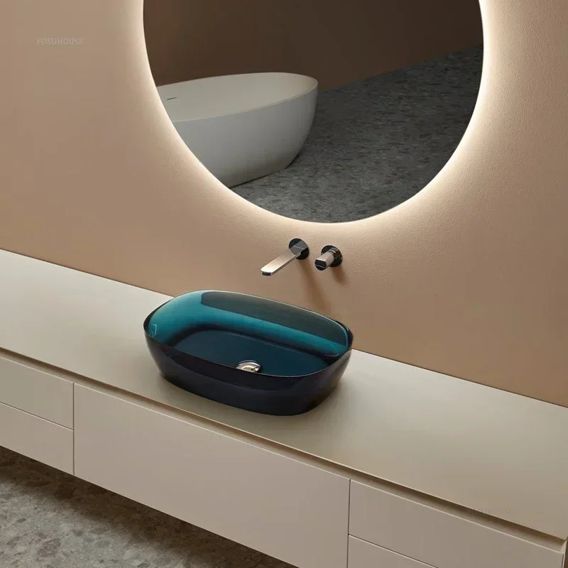 Nordic Transparent Bathroom Sinks Home Color Resin Washbasin Art Countertop Sinks Hotel Bathroom Toilet Wash Basin Single Sink P