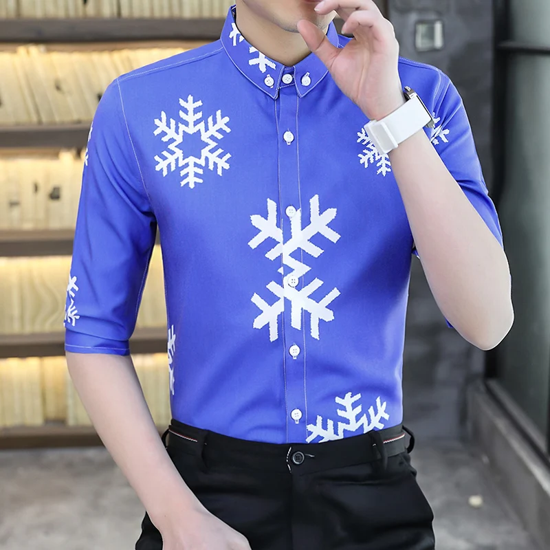 

Мужская рубашка с рукавом до локтя, Повседневная Однотонная рубашка с 3D-принтом снежинок, лето 2019
