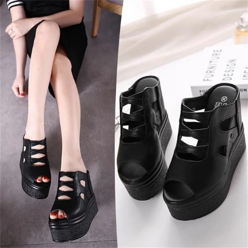 

Summer new 14CM wedge heel thick sole flip-flop sandals super high heel waterproof platform muffin leather fish mouth women's sh