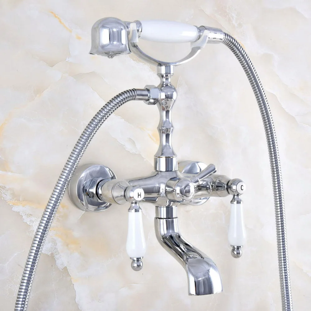 

Polished Chrome Brass Wall Mounted Bathroom Tub Faucet Set WITH/ 1.5M Handheld Shower Spray Head Mixer Tap Dtf866