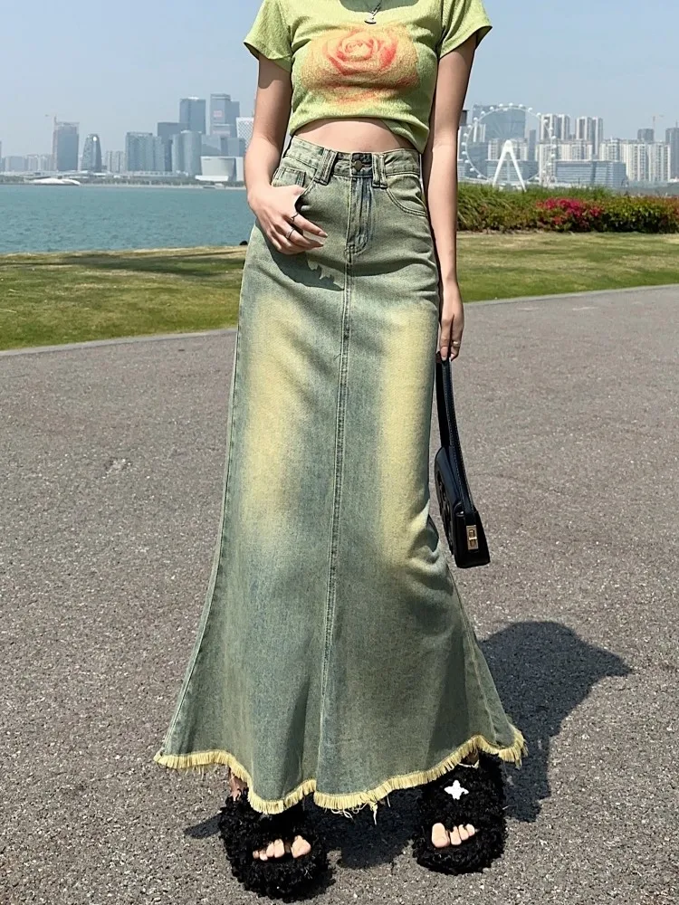 

GUUZYUVIZ High Waist Retro Fishtail Long Denim Skirt Women Versatile Thin Jean Skirts For Ladies