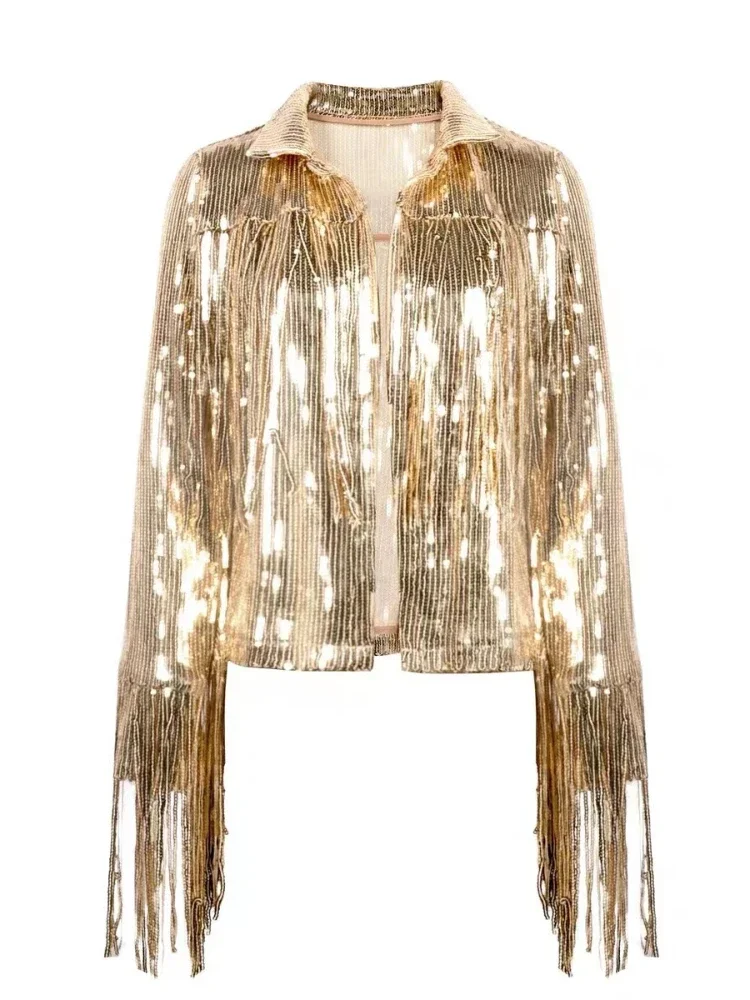 

Spring Women Streetwear Sequin tassels Jacket Casual Elegant Long Sleeve Fashion Loose Button Cardigan Coats 2023