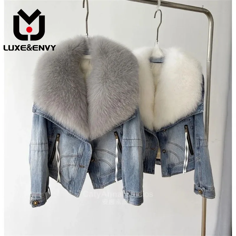 

LUXE&ENVY Haining Fur New Super Large Fox Hair Detachable Denim Women's Short Goose Down Coat Down Fur Coat2023 Autumn