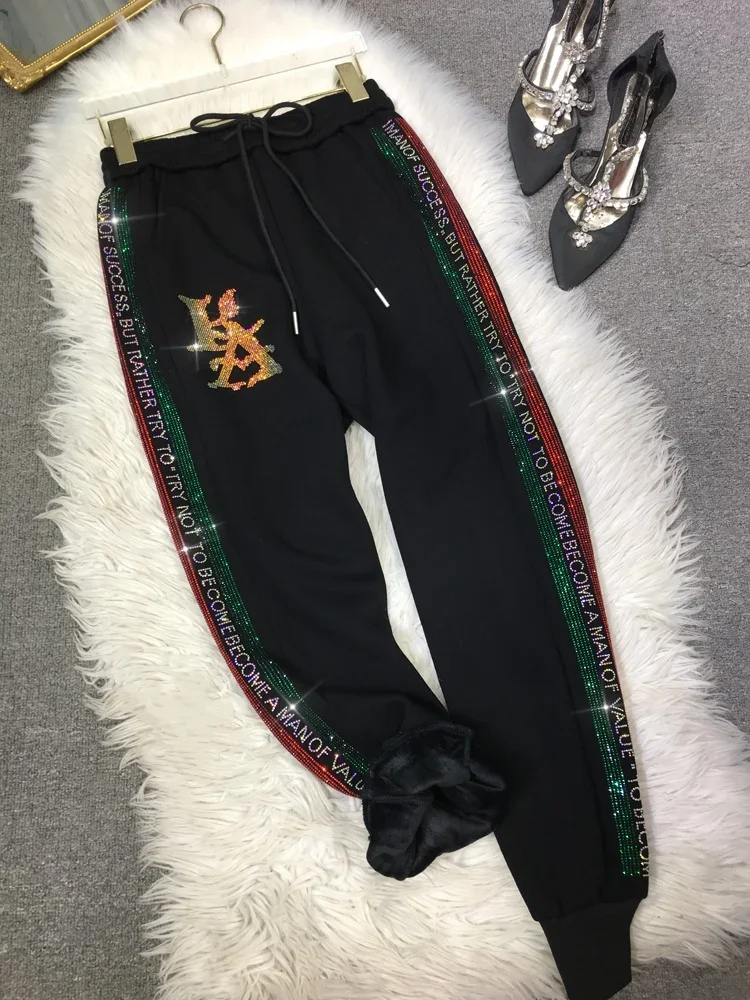 Side Letters Stripes Hot Drill Women Sweatpants Fashion Autumn Winter Thicken Fleece Casual Trousers Diamonds Black Sport Pants