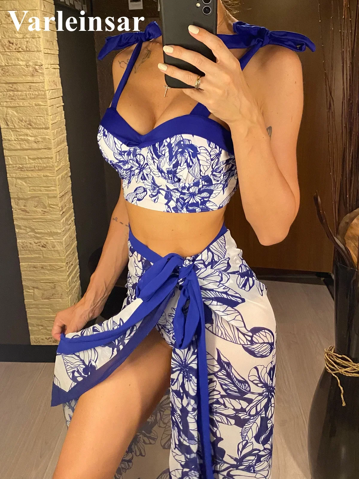 

S- XL With Skirt Printed Female Swimsuit High Waist Bikini Women Swimwear Three-pieces Bikini set Bather Bathing Suit Swim V4613