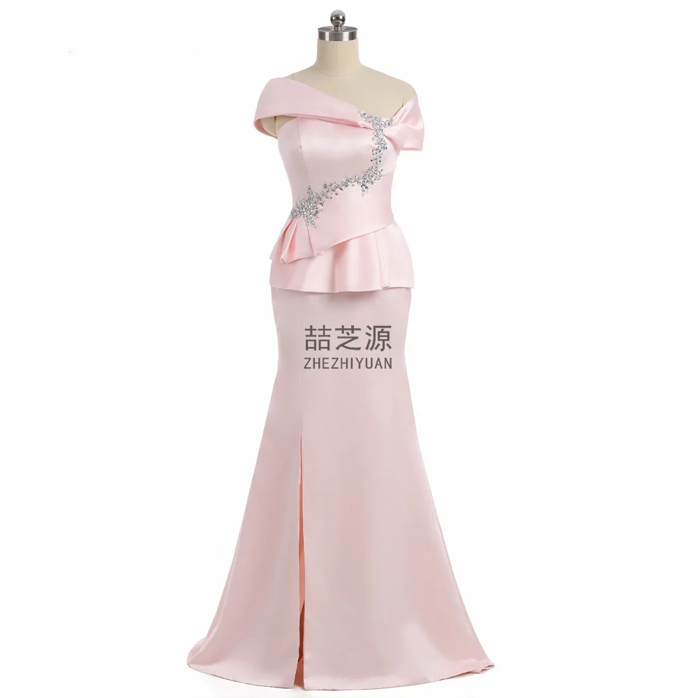 

Real Images Asymmentric Nude Pink Satin Front Splited Crystals Beading Sweep Train Robe Soiree Mere De Marié Women EveninG Dress