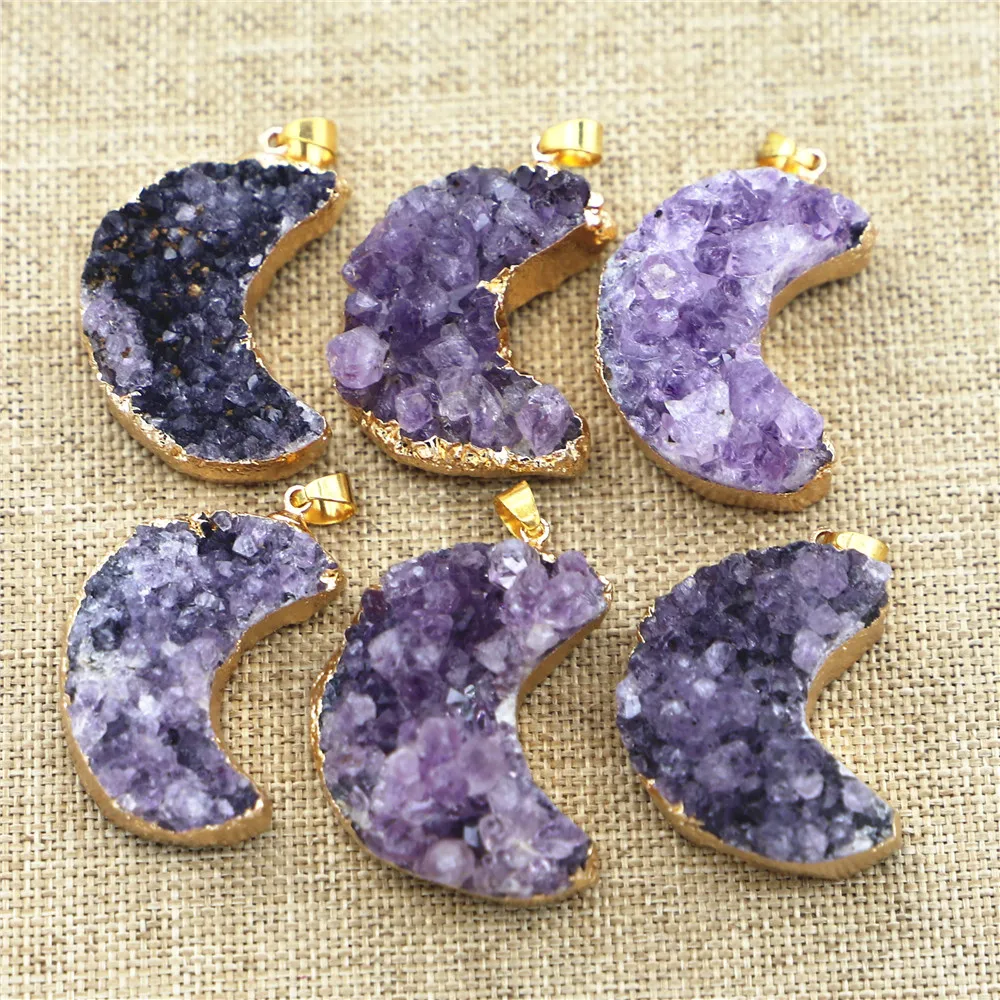 New Designer Natural Stone Druzy Cluster Heart  Pendants Charm Amethyst Healing Crystals Mens Necklace Women Jewelry Making 6PCS