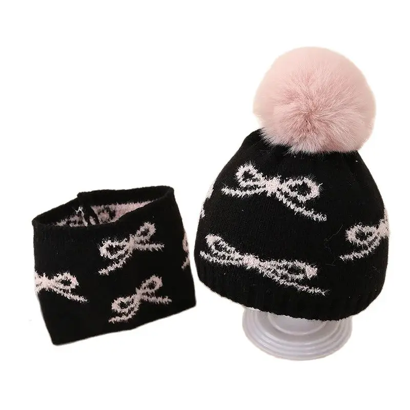 Winter Baby Hat Scarf Two-piece Set Jacquard Bows Plush Warm Suit Newborn Infant Woolen Hat Cute Baby Pompom 0-12months