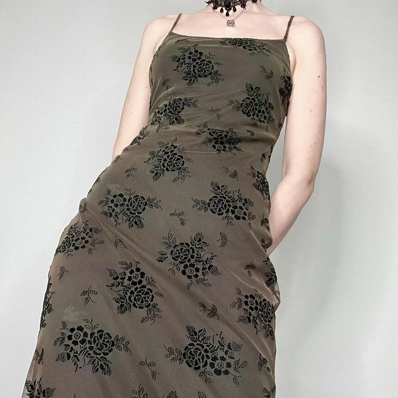 

Women Vintage Print Mesh Maxi Dresses 2023 Summer Dark Academic Goth Party Long Dress Woman Y2K Fairycore Outfits Vestidos