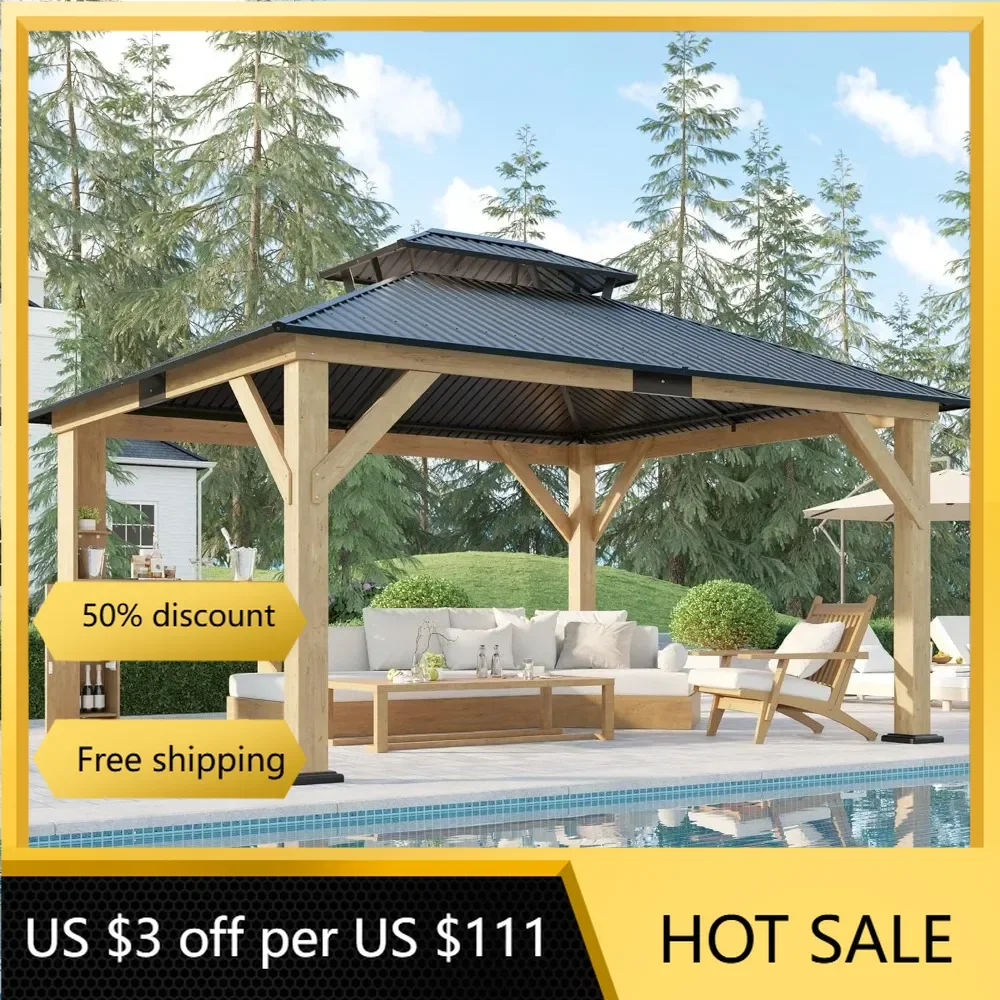 13x15 Wood Gazebo, Hardtop Gazebo with Iron Roof Double Roof, Outdoor Gazebo with Wood Frame