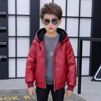 Plus Velvet Winter Boys Leather Jacket Keep Warm Fashion Hooded Waterproof Children Outerwear 2-13 Years Teenagers Kids Clothes