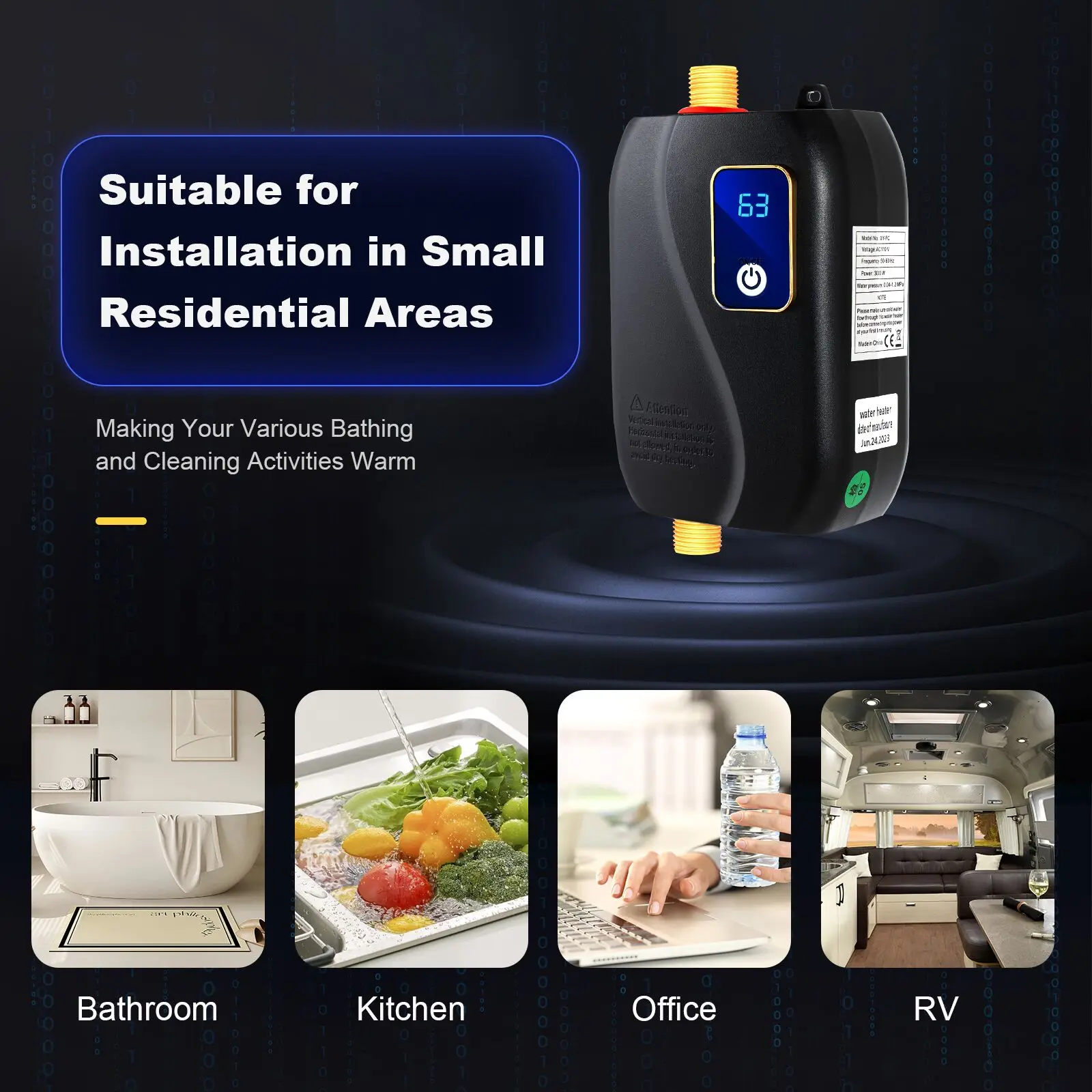 Electric Tankless Water Heater 3kW 110V Under Sink Instant Hot Water Heater On Demand LED Display for Kitchen Bathroom Shower