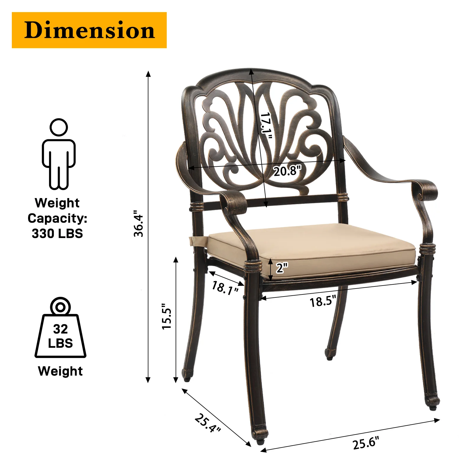 Set of 2 Cast Aluminum Patio Dining Chairs with Cushions, Stackable Outdoor Bistro Chairs for Balcony Backyard Antique Bronze 3