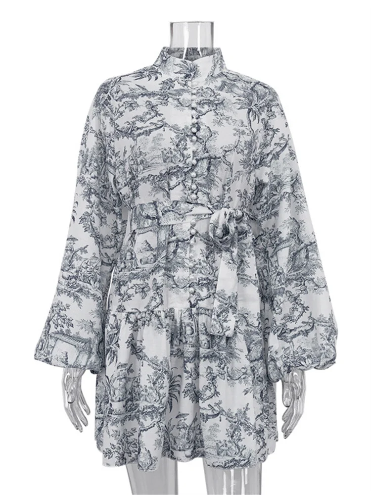 Vintage Printed Lace-Up Mini Dress - Ruffled Pleated Bandage Dress