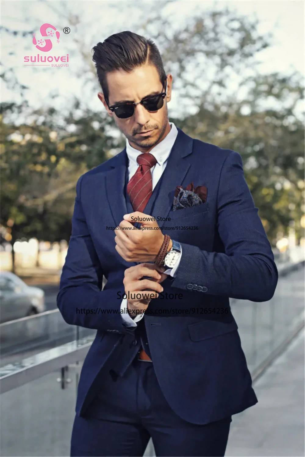Classic Navy Blue Slim Fit Suits For Men Business 3 Piece Pants Set Party Groom Wedding Notch Lapel Tuxedo Costume Homme Mariage