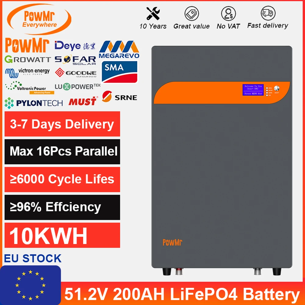 Powmr Powerwall 51.2V 200Ah Lifepo4 Batteria 150A 10Kw Batteria Al Litio Ferro 6000 + Ciclo Monitor Pc Rs485 Can Bms System Eu Stock