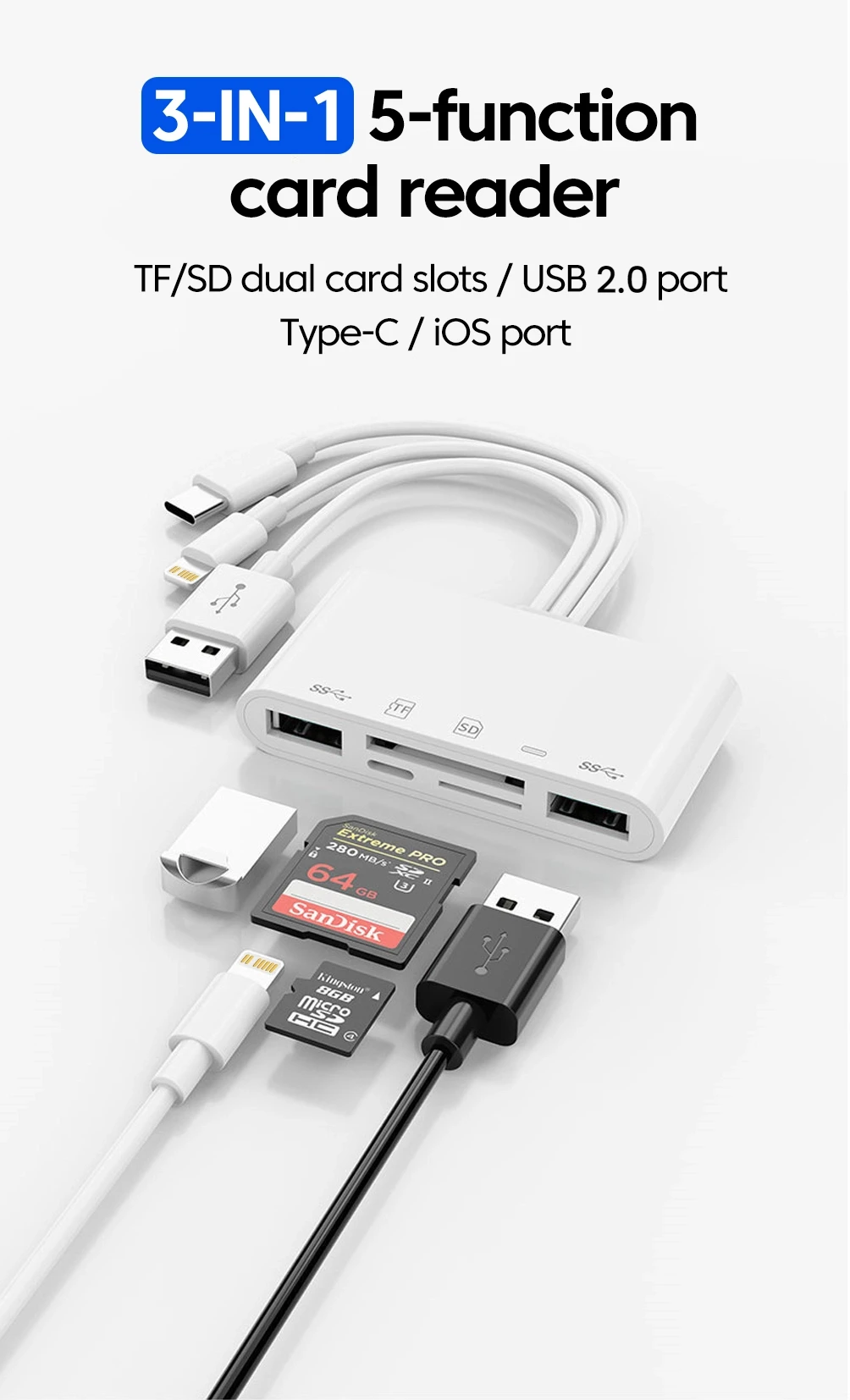 Coolcirc 3 in 1 5function SD Card Reader USB-C HUB For Laptop iPhone Macbook PC