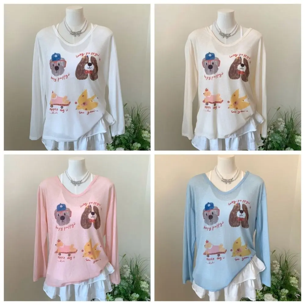 Thin Dog Print Graphic T-shirt Cartoon Sunscreen Cartoon Animal Long Sleeved Top Harajuku Ins Round Neck Oversized T-shirt