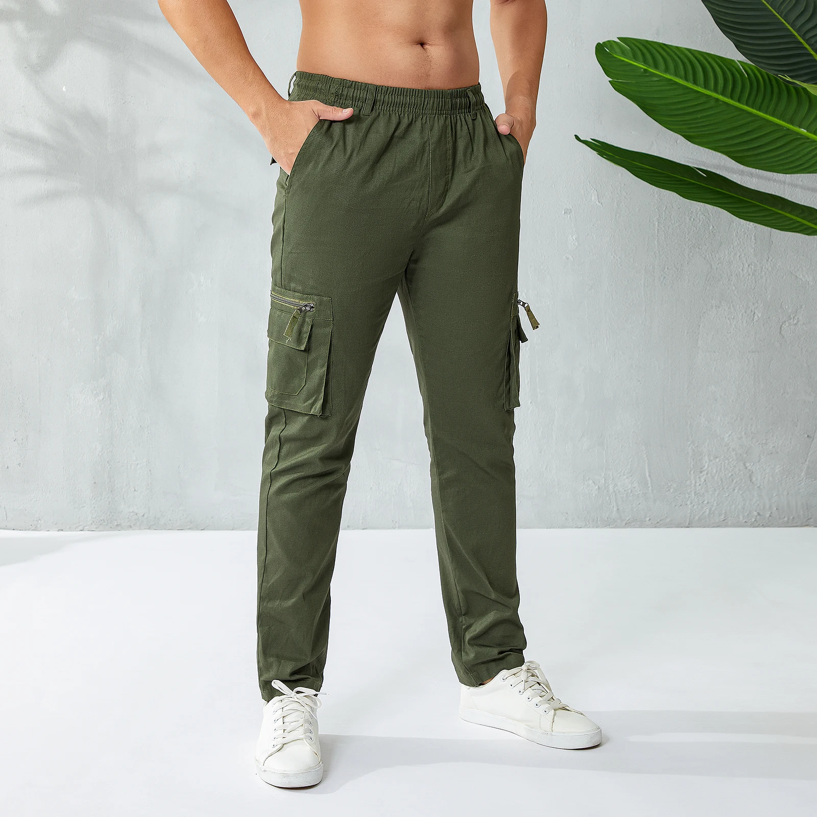 Men Cargo Pants Solid Color Slim Fit Elastic Pocket