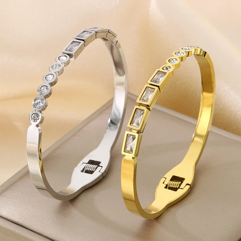 Stainless Steel Cuff Bracelets For Women Multiple Color Ellipses Square Crystal Glass Dubai Women Wedding Bangle Jewelry 5