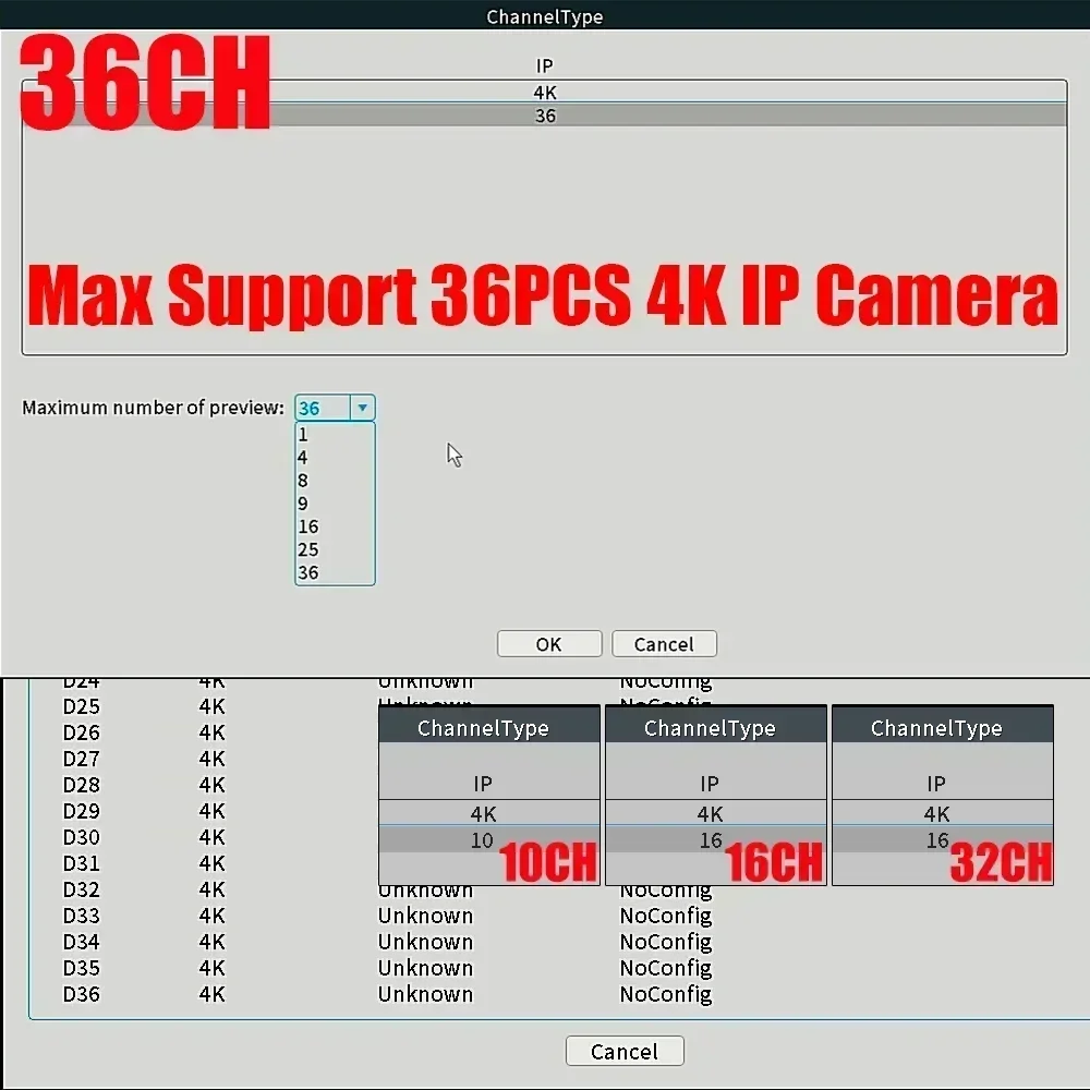 Xmeye Pro 네트워크 CCTV 비디오 녹음기 클라우드 P2P 원격 액세스, 36 채널 4K NVR 작업, 8MP ONVIF 호환 IP 카메라