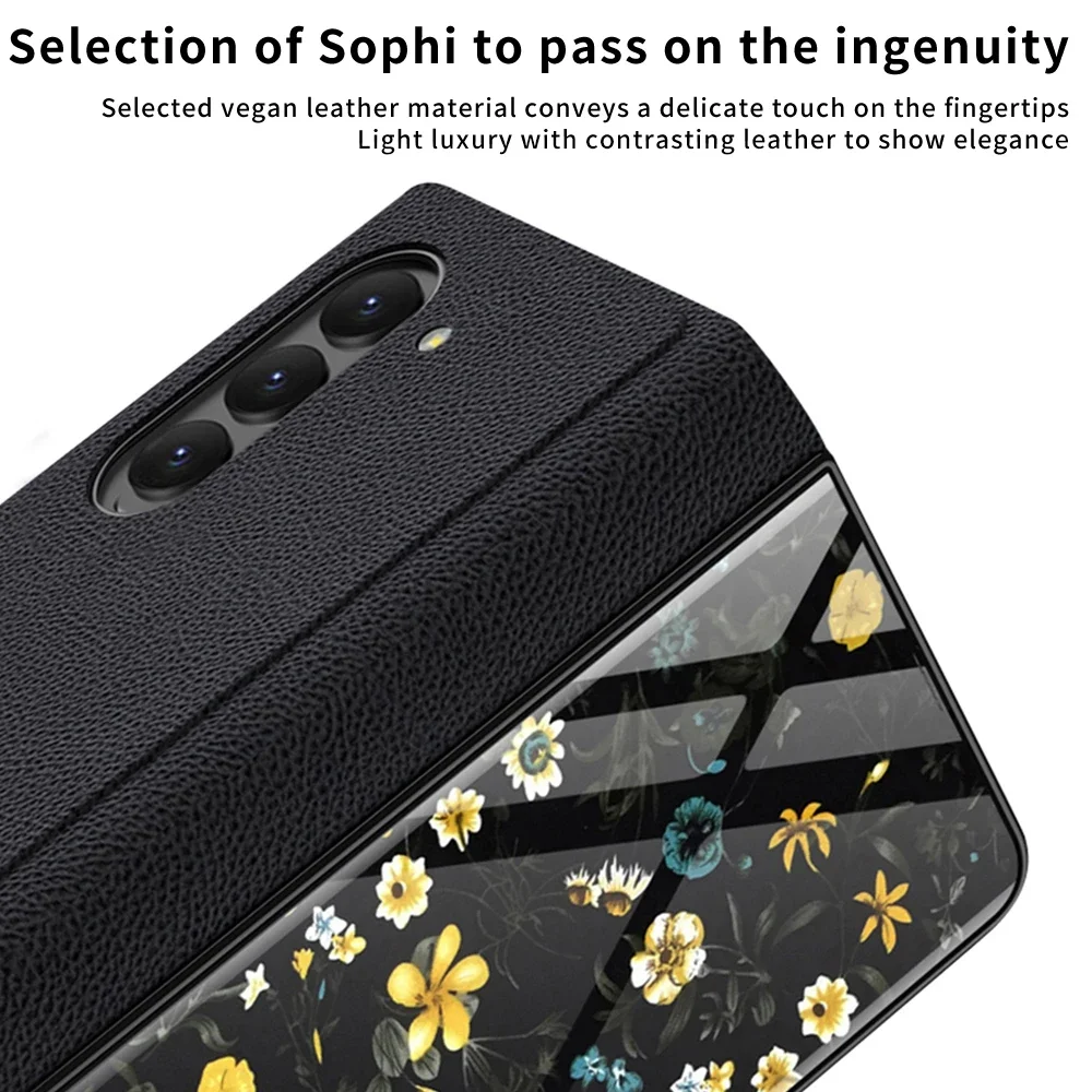 For Samsung Galaxy Z Fold 5 Case Leather & Floral pattern Glass Hard Back Flip Cover for Galaxy Z Fold5 5G Funda