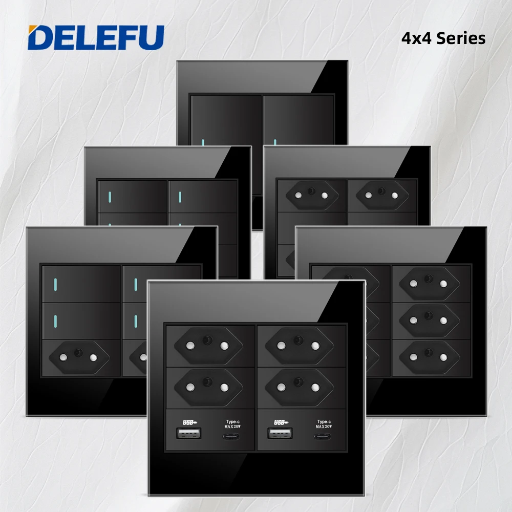 Delefu-tomada de Parede Preta Painel Vidro à Prova de Fogo Brasil Standard Outlet Duplo Usb tipo c Interruptor de Luz Escritório 4×4 10a 20a Carga Rápida