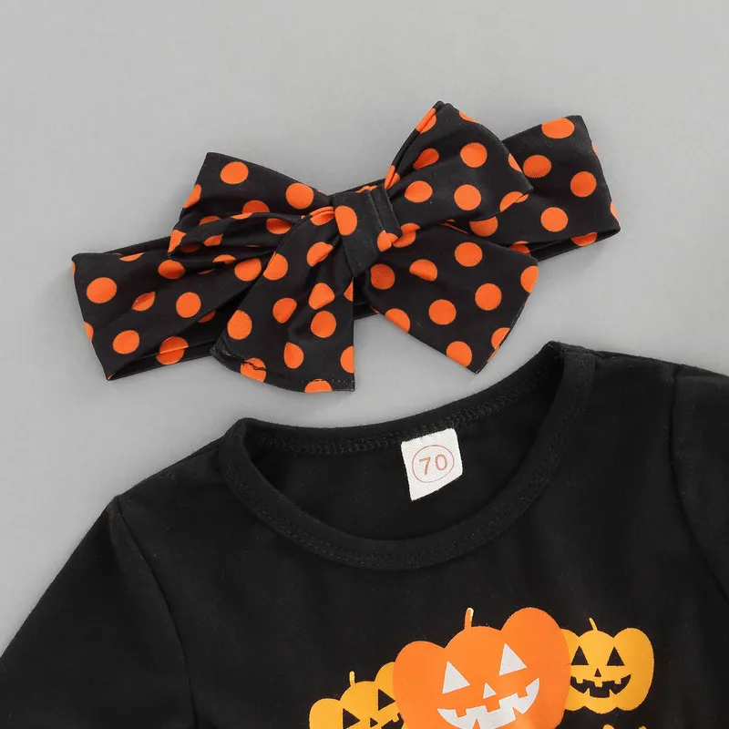 Halloween Baby Girl Dress 3 Pieces Suit Set, Pumpkin Letter Dots Print O-Neck Long Sleeve Dress Solid color Waistcoa