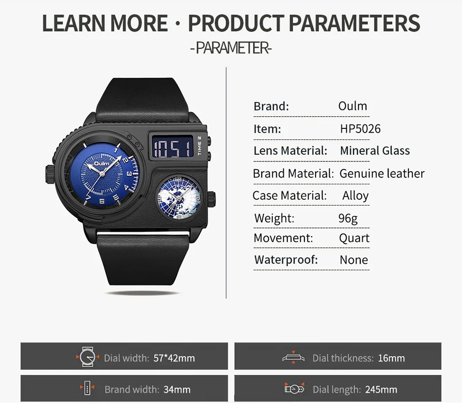 Oulm 5026 Big Dial Men Wristwatch Dual Display Quartz Clock Two Time Zone Luxury Watch Male Genuine Leather Wrist Watches
