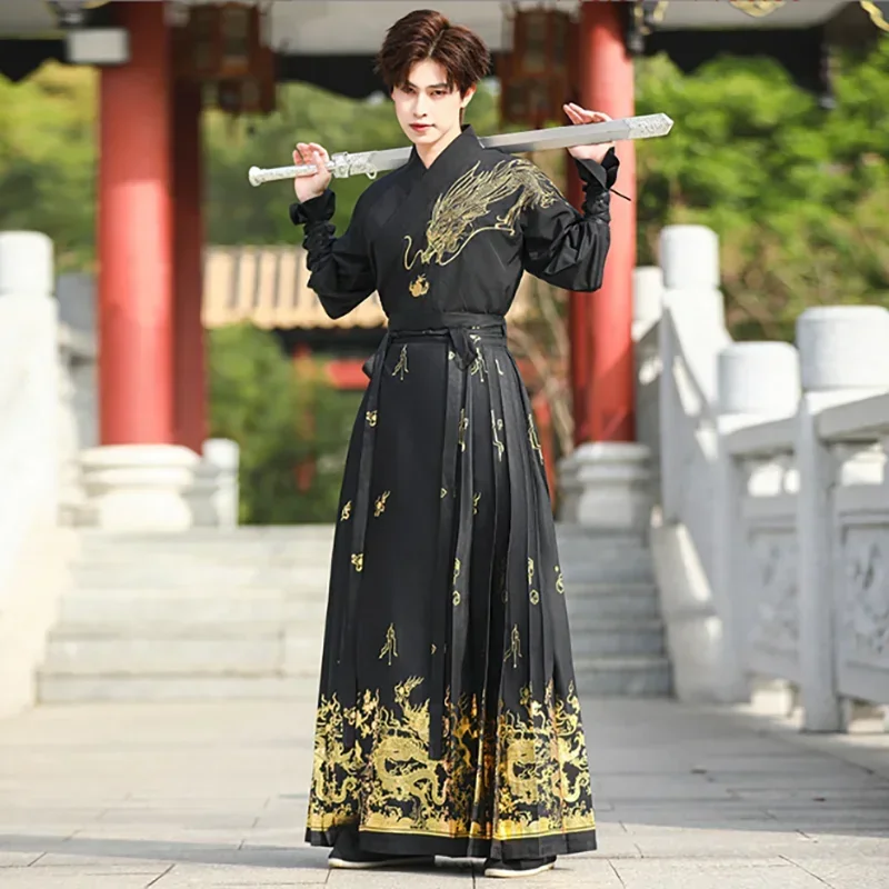 Chinese Hanfu Horse Face Skirt Men Party Outfit Vintage Hanfu Black Shirt Pleated Skirt For Women Plus Size 3XL 4XL