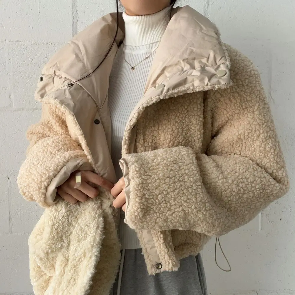 Korean Double-Sided Wear Lamb Fur Patchwork Down Cotton Jacket Women's Autumn Winter Fashion Short Big Lapel Student Bread Coat