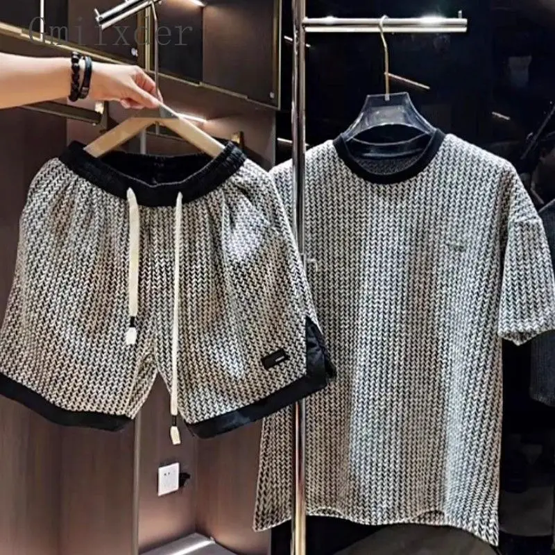 Japanese Summer New Striped Suit Men’s Korean Version Simple Versatile Short-sleeved Shorts Handsome Fashion Casual Sports Suit
