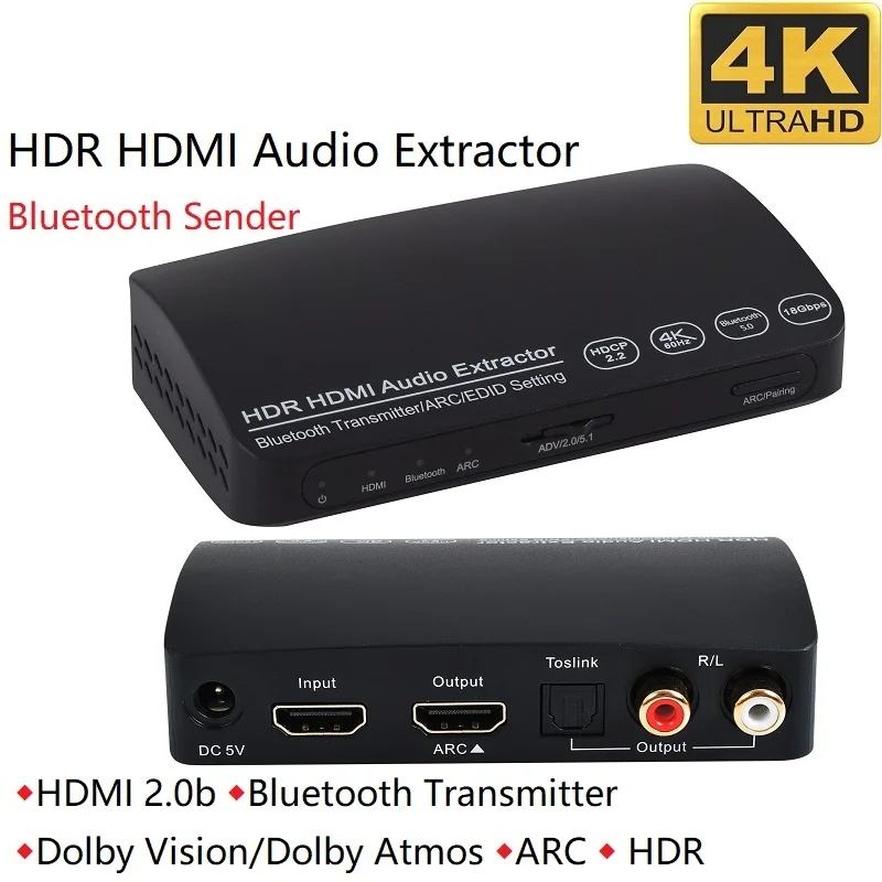 

HDMI-compatible Audio Converter Extractor L/R SPDIF Toslink 5.1 ARC HDCP 2.2 4K60Hz HDR Bluetooth Sender for Wireless Earphone