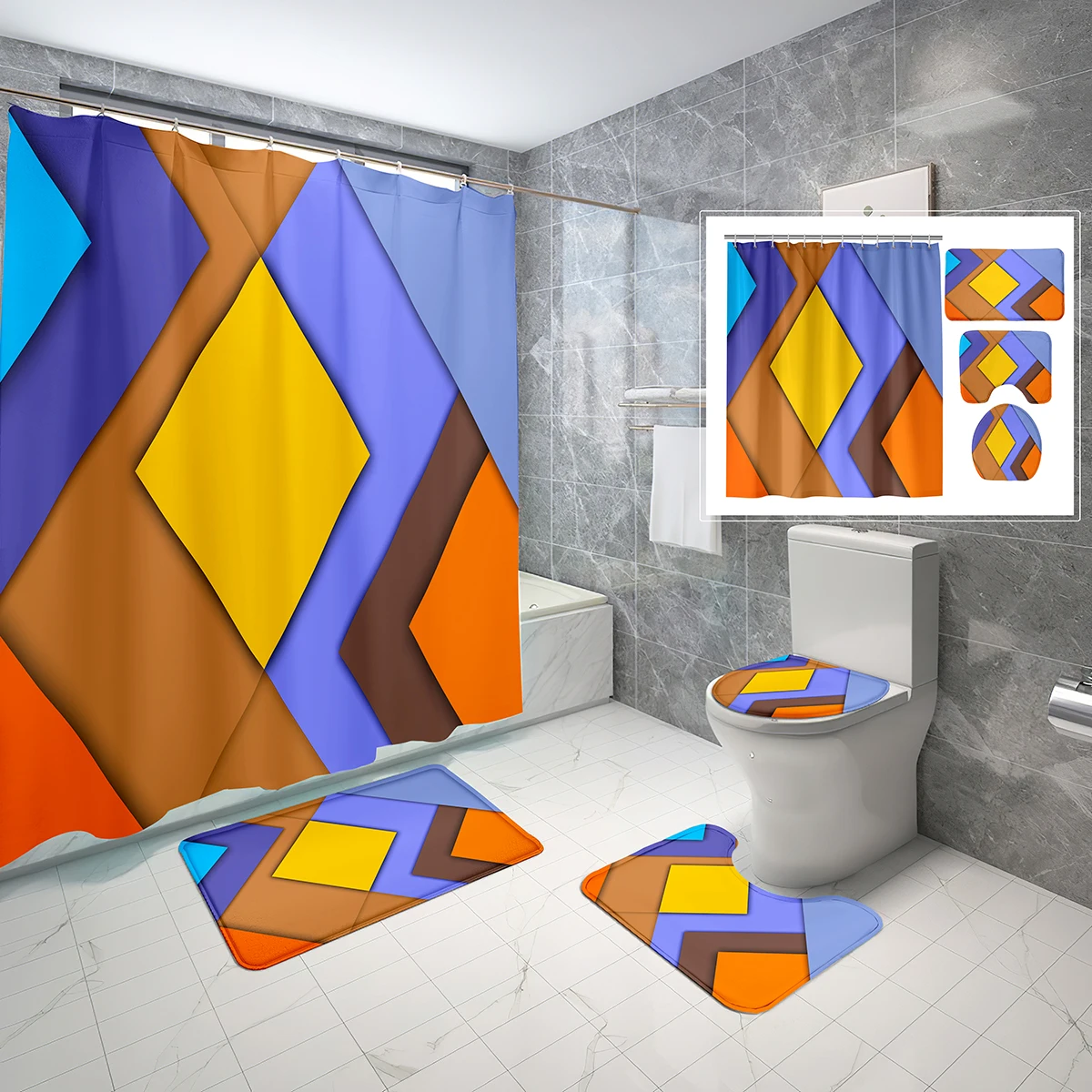 

4 Sets Geometric Shower Curtain Sets with Non-Slip Bath Mat,Toilet Lid Cover and Yellow Blue Abstract Modern Shower Curtain Set