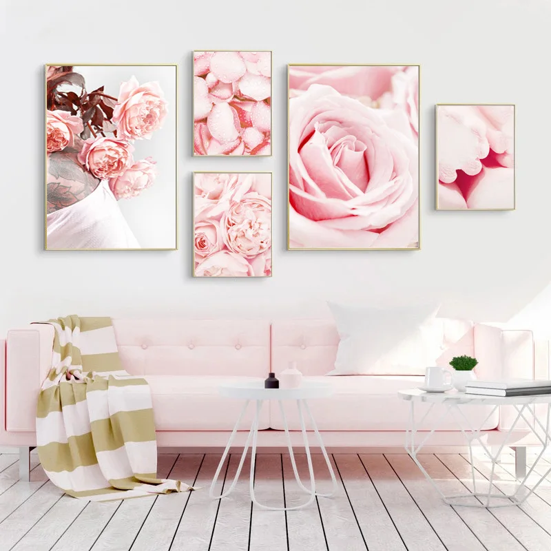 

Pink Flowers Rose Poster Wall Art Canvas Painting Romantic Picture Nordic Style Mural For Modern Living Room Decoration Cuadros