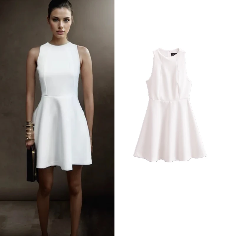 여성용 원피스 스트리트 레저 홀리데이 원피스, 우아한 미니 드레스, 세련된 슬림 O 칼라, 2024 여름 신상 패션