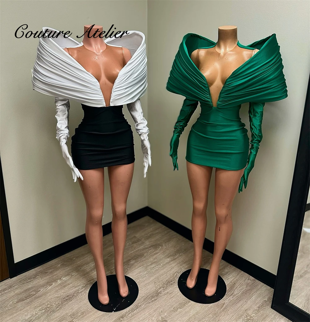 

Emerald Green Satin Ruched Shoulders African Prom Dress For Black Girls Short Mermaid Birthday Party Cocktail Homecoming Gown