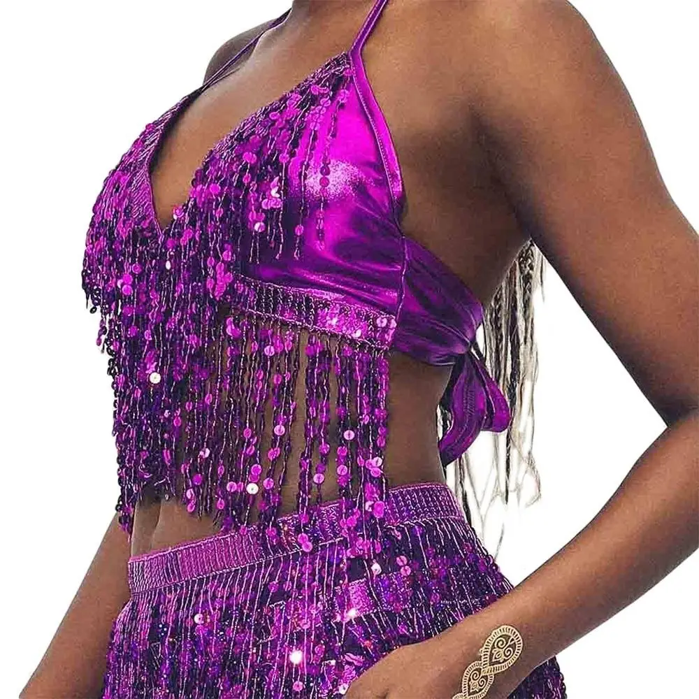 

Belly Dance Sequin Fringe Top Nightclub Performance Halter Bra Dance Wear