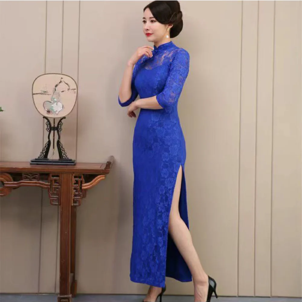 Qipao Show Blue Long Dress Red Lace Cheongsam Chinese Style Retro Standing Collar Nine Point Less Sleeve Lace Cheingsam Dress