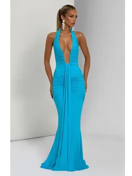 Deep V Neck Draped Ruched Sexy Maxi Dress Women Summer Fashion Halter Sleeveless Backless Club Party Long Dress Elegant BM98 1