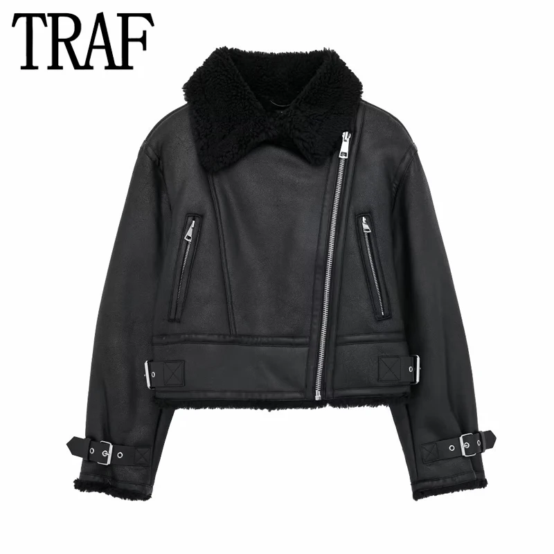 

TRAF Black Faux Leather Jacket Women Double Faced Fleece Cropped Jacket Woman 2023 Long Sleeve Zipper Winter Women's Cold Coat
