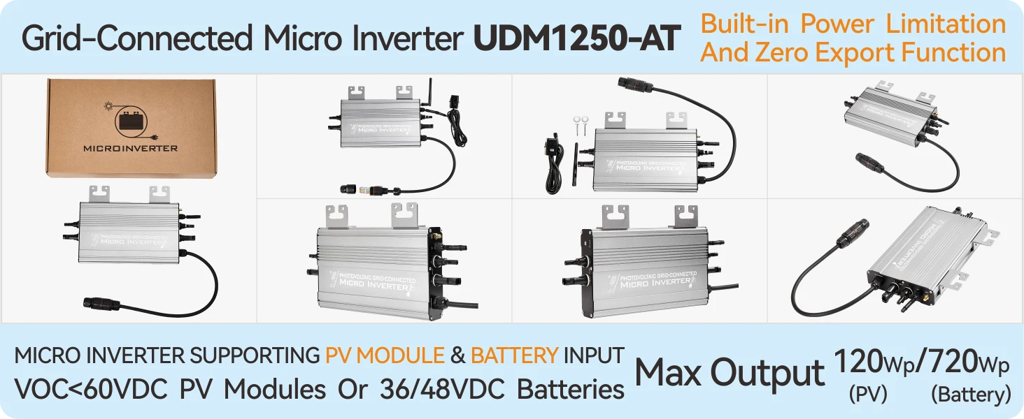 Solar Micro Inverter 1000W/1250W, Dual Input (PV/Battery), 180–265VAC, On-Grid/Z