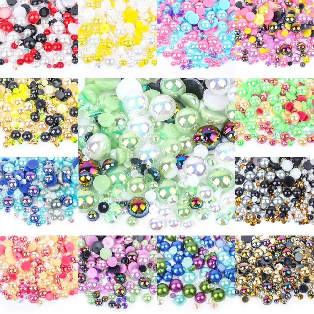 

100g Wholesale Mix Size ABS Half Round Pearls Flatback Beads Color AB Resin Rhinestones For Nail Art Crafts DIY Decoration