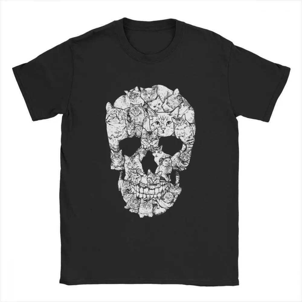Unique Cat Skull Skeleton Horror Scary T-Shirt for Men Cotton T Shirt Kitten Goth Gothic Punk Halloween Tees Gift Idea Clothing