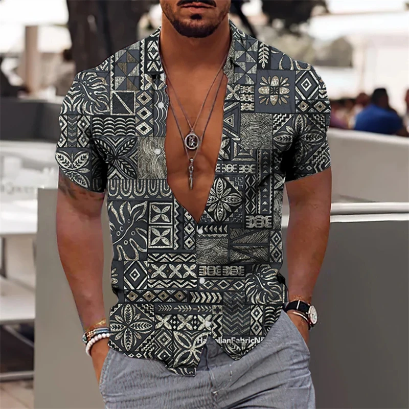 thumbnail image 1 of Camisa con estampado étnico para hombre, camisas de verano con solapa, camisetas de manga corta con gráficos a cuadros para hombre, camisetas de hip-hop de calle de gran tamaño 2024, 1 of 5