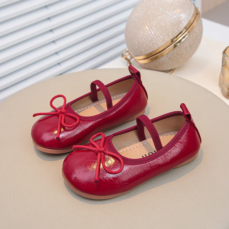 Leather Kids Ballet Shoes Wine Red Classic Bowknot