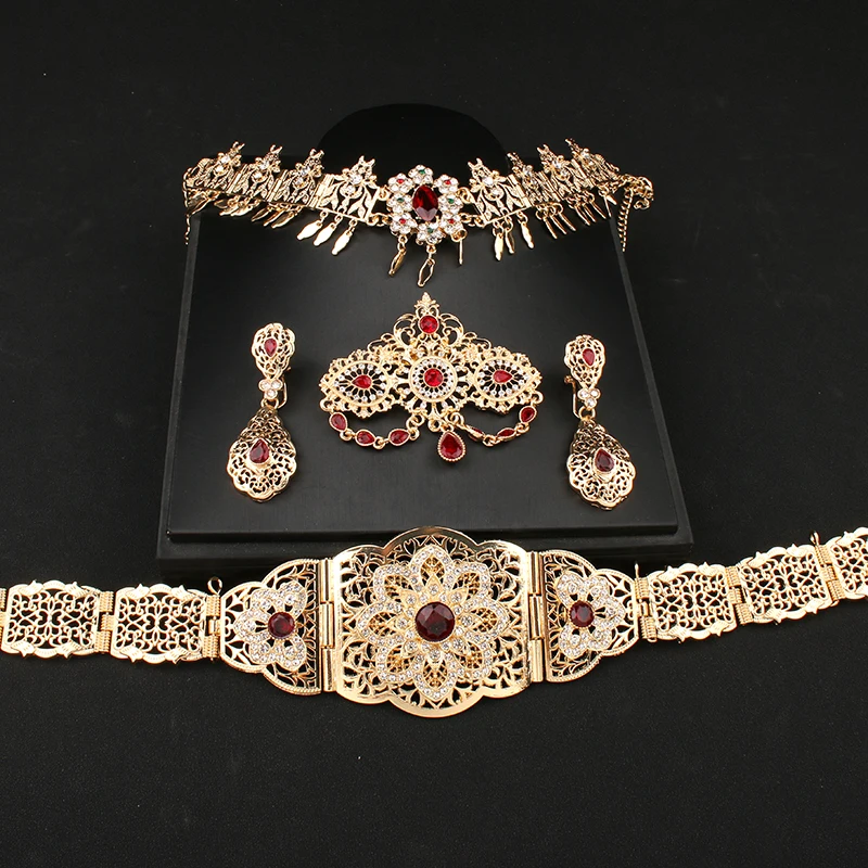 Moroccan Women Kaftan Gold Red Green Stone Ethnic Wedding Body Jewelry Metal Chain Robe Belt