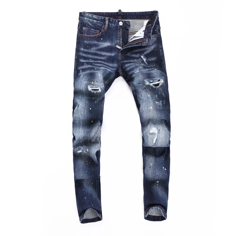 High Street Fashion Men Jeans Retro Blue Stretch Elastic Slim Fit Ripped Jeans Men Painted Designer Hip Hop Brand Pants Hombre