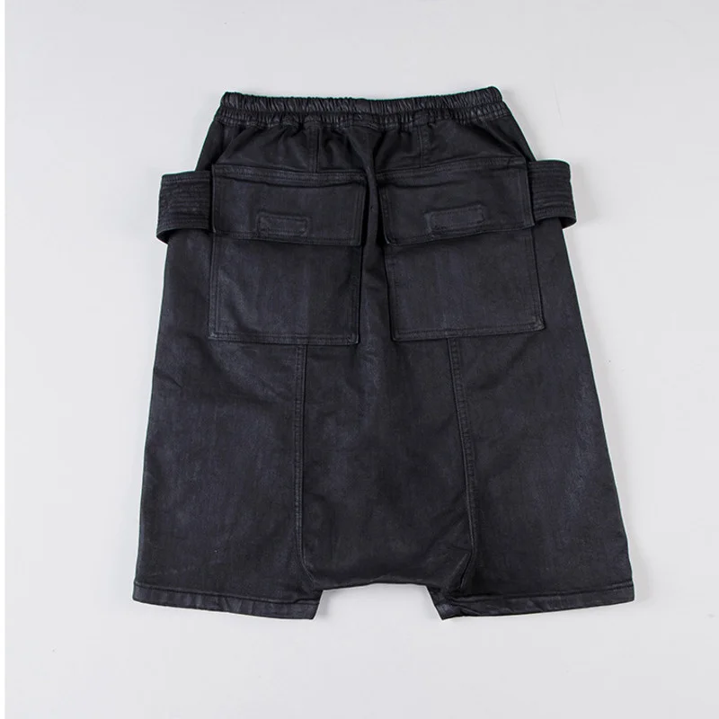 

Double-loop Men's Design Coated Wax Layer Cotton Sports Shorts Elastic Mid-waist Washed Drawstring Black Denim Shorts D1557