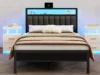 Full/Queen size bed frame with charging station, LED bed frame, headboard with frame, platform bed frame, soft cushion bed frame 1